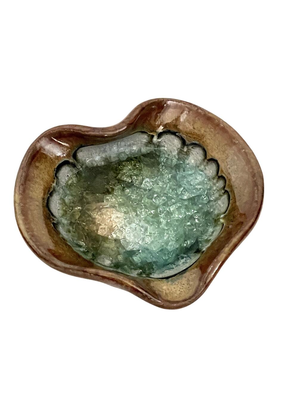 Art Pottery Fused Glass Heart Shaped Trinket Dish Brown Blue